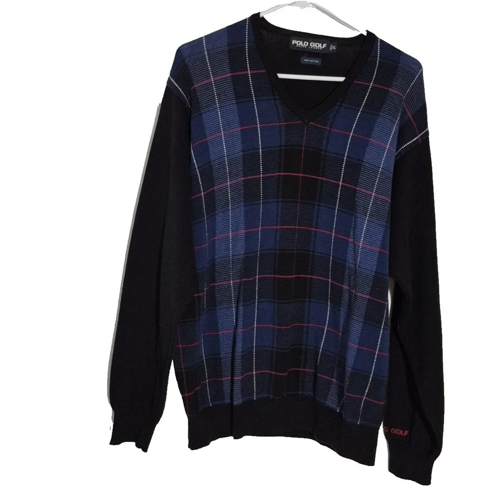 Polo‎ Golf Ralph Lauren Sweater Mens XL Blue Plaid Cotton V Neck Knit Pullover